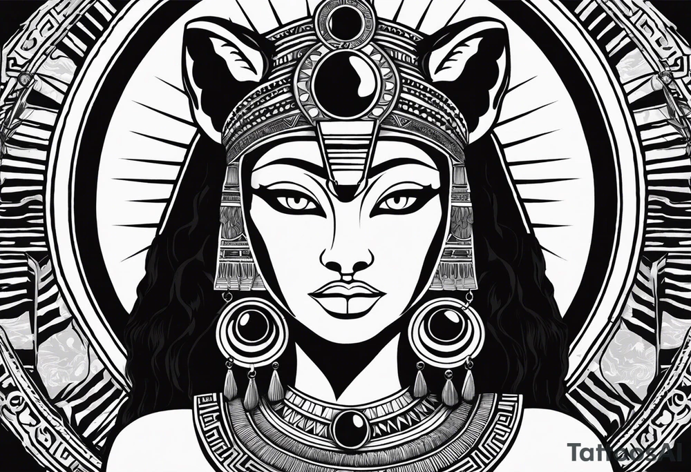 Ancient Egyptian goddess sekhmet, lioness head with black sun disk above her head and woman's body. She looks straight ahead and ready for battle looking fearless and powerful holding an ankh in one hand and a papyrus sceptre in another, she has long hair flowing tattoo idea