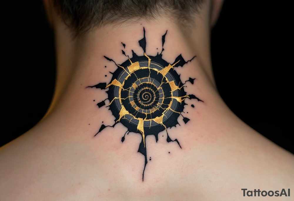 A black ink spiral encased in fractured golden glass lines, suggesting beauty through chaos. tattoo idea