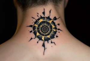 A black ink spiral encased in fractured golden glass lines, suggesting beauty through chaos. tattoo idea