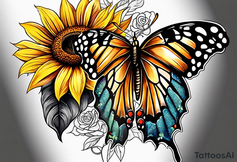 Sunflower and butterfly leg sleeve tattoo idea