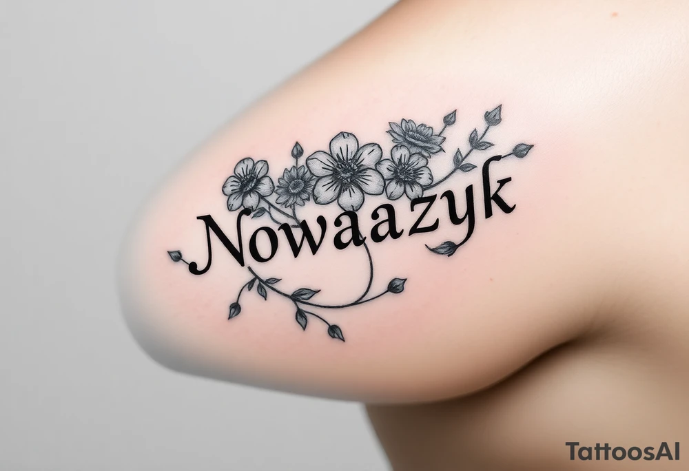 The word Nowaczyk surrounded by three flowers with  vines running through it 
on the lower tricep, medium size tattoo idea