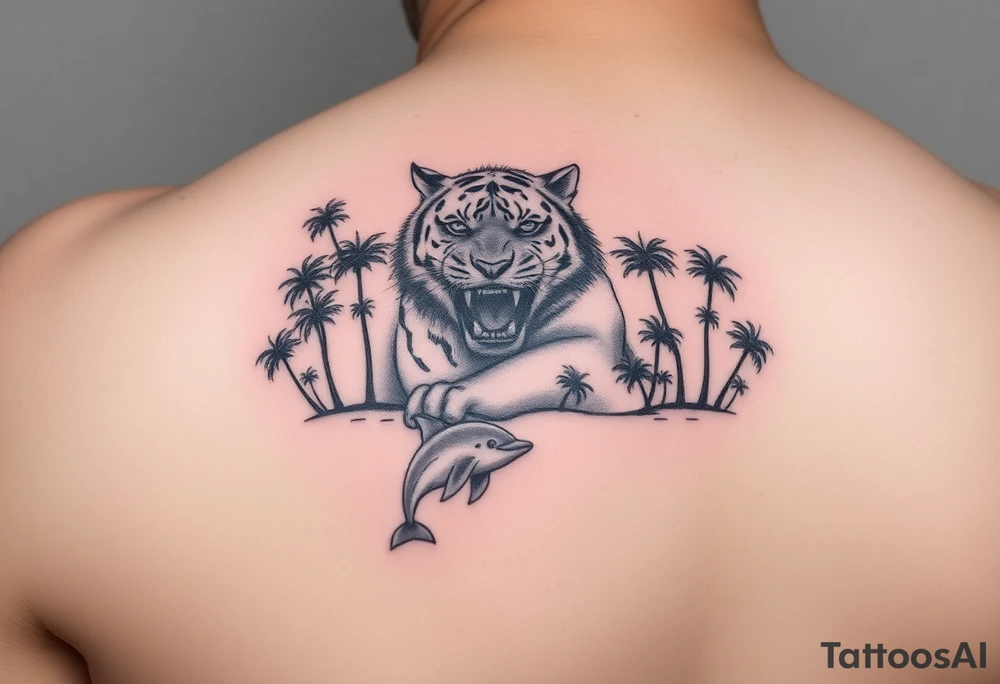 fierce tiger emerging through the trees with a jumping dolphin and palm trees underneath it tattoo idea
