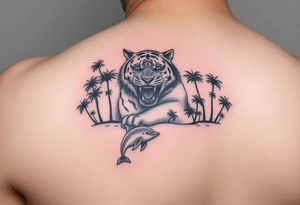 fierce tiger emerging through the trees with a jumping dolphin and palm trees underneath it tattoo idea