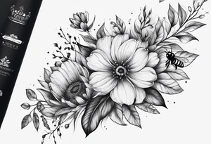 Verticle arm wrap of dainty flowers and leaves with bee forearm tattoo idea