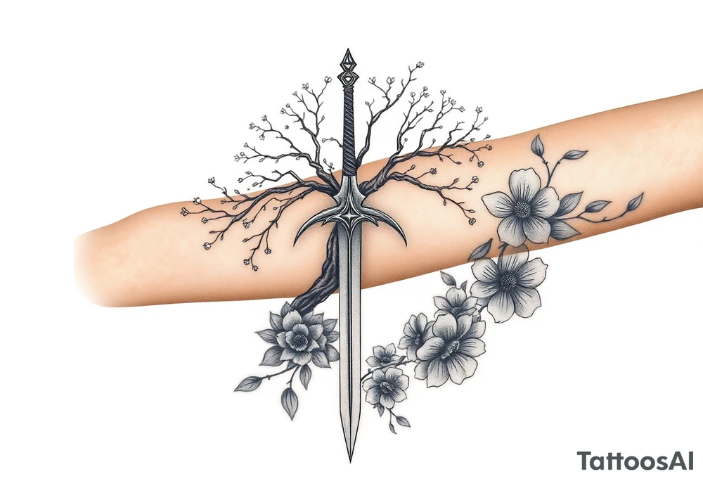 based on the Lord of the rings movies with the tree of Gondor, the Evenstar, the sword Narsil, and flowers tattoo idea