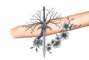 based on the Lord of the rings movies with the tree of Gondor, the Evenstar, the sword Narsil, and flowers tattoo idea