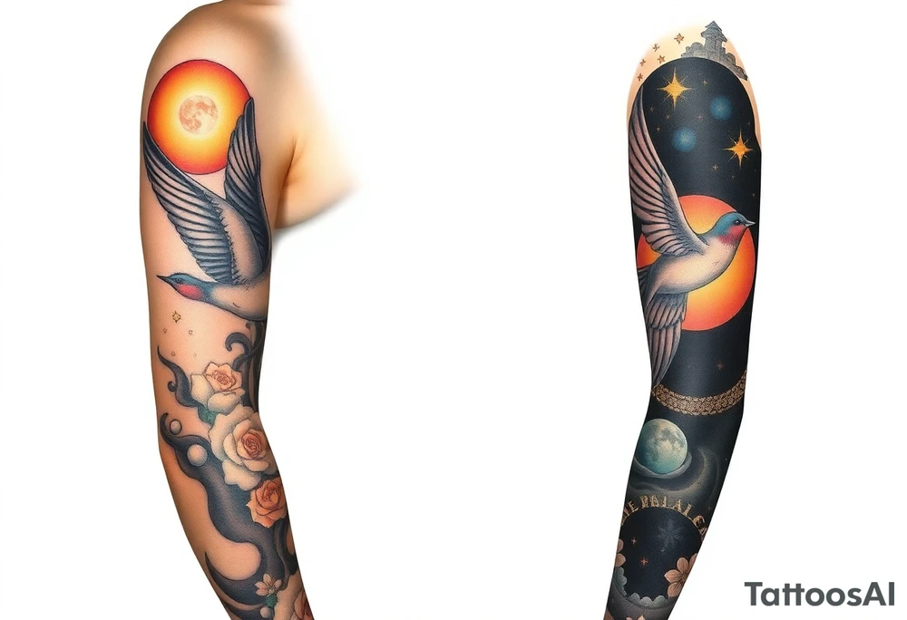 one side of the arm- the other has a swallow  flying into the night sky into a moon/sun based on the lyrics )into the night of the dark black sky” by the beatles. the rest of the tattoo sleeve is based on these two songs plus “the soft parade” by the doors tattoo idea