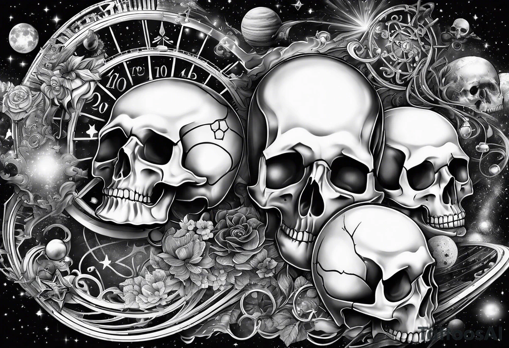 half sleeve tattoo including chemistry, skulls, roller coaster track, space and stars tattoo idea