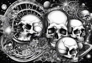 half sleeve tattoo including chemistry, skulls, roller coaster track, space and stars tattoo idea