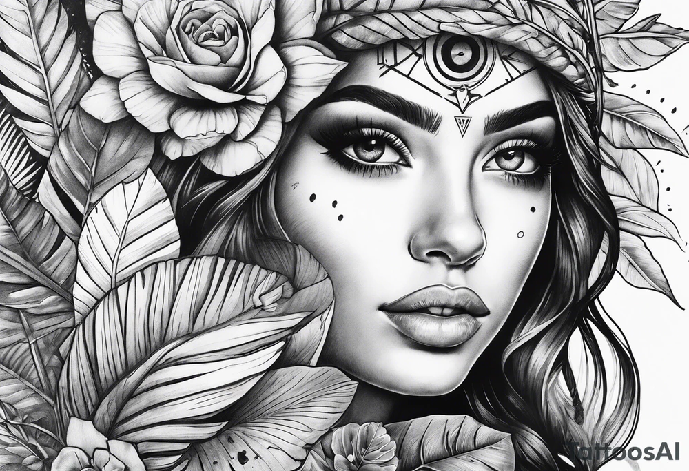 arm sleeve, jungle plants, compass, all-seeing eye tattoo idea