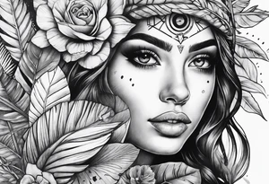 arm sleeve, jungle plants, compass, all-seeing eye tattoo idea