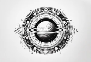 simple jupiter with circular objects and geometric elements, stippled shading, little bit of dotwork, white background tattoo idea