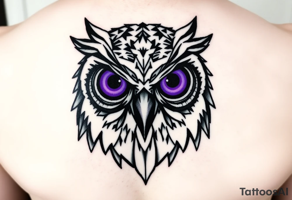 Geometric Owl head with large intense tripping purple eyes without pupils, cyber tattoo idea