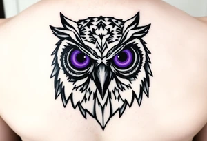 Geometric Owl head with large intense tripping purple eyes without pupils, cyber tattoo idea