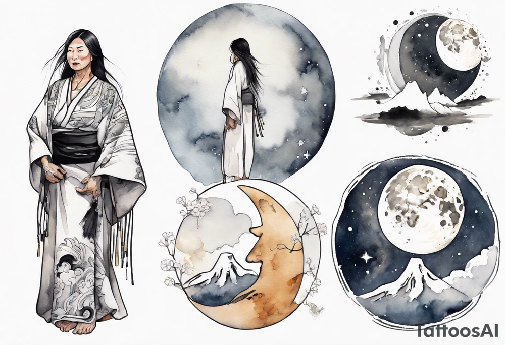 a 50-year-old indigenous woman wearing black and white robes standing on the moon tattoo idea