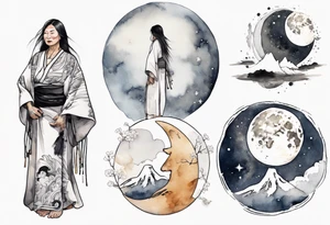 a 50-year-old indigenous woman wearing black and white robes standing on the moon tattoo idea