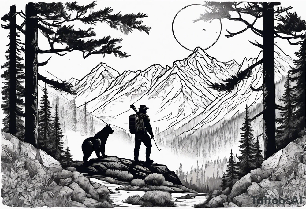 Hunter in the forest with dark mountains in the background under moonlight with bear and
 deer and a cougar tattoo idea