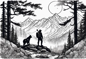 Hunter in the forest with dark mountains in the background under moonlight with bear and
 deer and a cougar tattoo idea