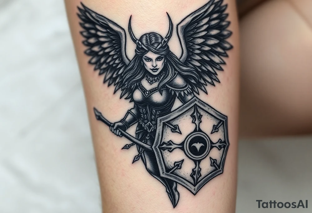 A fierce looking Valkyrie with very big dark wings. The whole body should be visible. 
She's wielding a menacing axe and a sturdy shield with a vegvisir symbol. 

Her face is really attractive but screaming with battle rage.

She's heavily armored and ready for battle tattoo idea