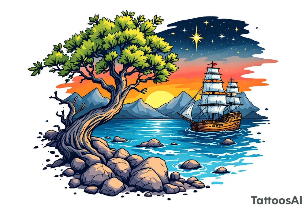 tattoo that has an acacia tree with mountains, ocean with a ship wreck and the northern star tattoo idea
