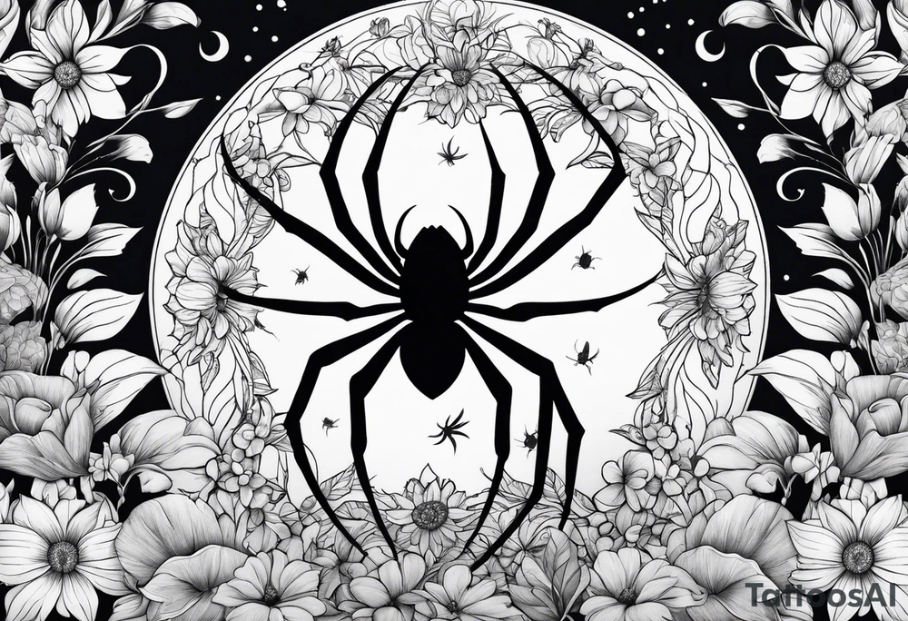 Spider in a garden of flowers with the sun and the moon tattoo idea