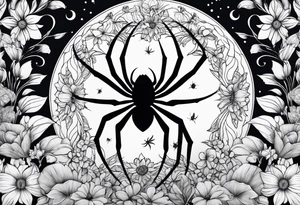Spider in a garden of flowers with the sun and the moon tattoo idea
