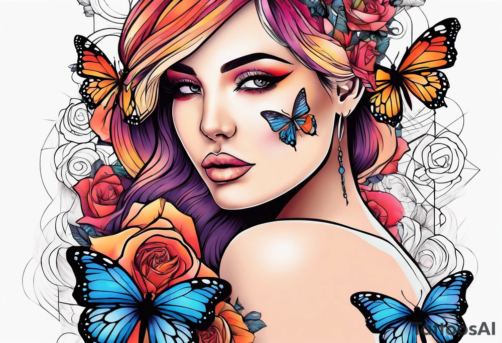 Sunset, rose, butterflies, dragonflies, woman face tattoo idea