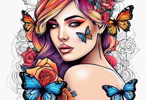 Sunset, rose, butterflies, dragonflies, woman face tattoo idea