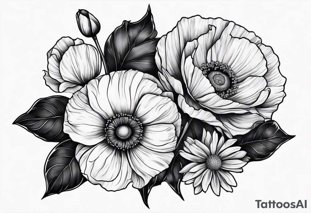 One poppy one rose two daisies tattoo idea