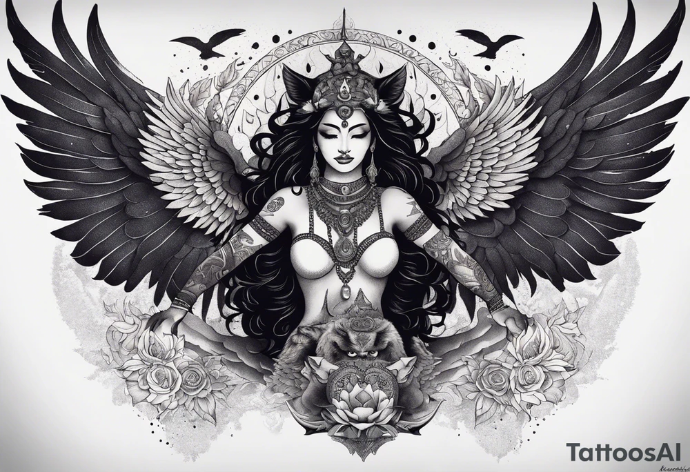 black kali, goddess pirate, alien, angel, pachamama, valkrye, warrior, flying, skull, lotus azul, wing, eagle, zenza resonance, stars, 5D, anahata chakra, death, durga, riding on a tiger, flying lady, kundalini, chest tatoo, samuri, rebel,serpent tattoo idea