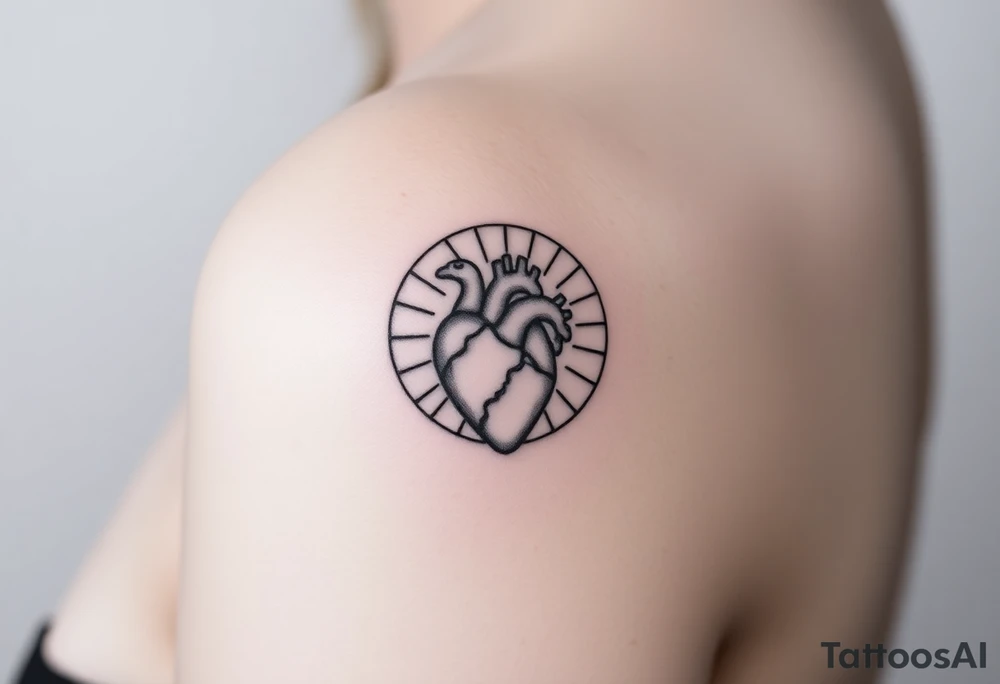 human heart chained up within circle sun with a moon inside tattoo idea
