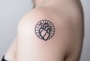 human heart chained up within circle sun with a moon inside tattoo idea