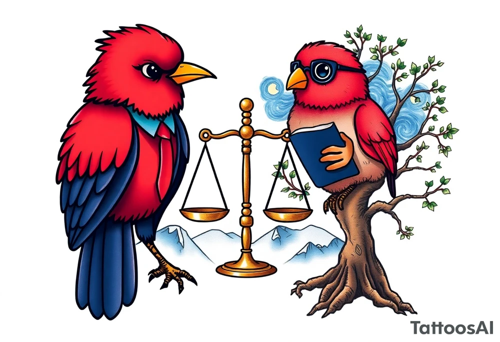 one of the birds red wearing a suit, other bird navy blue with glasses or holding a book, scales of justice built into a tree, starry night painting and mountain background tattoo idea