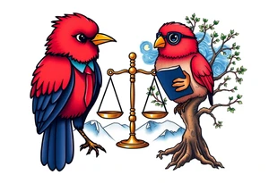 one of the birds red wearing a suit, other bird navy blue with glasses or holding a book, scales of justice built into a tree, starry night painting and mountain background tattoo idea
