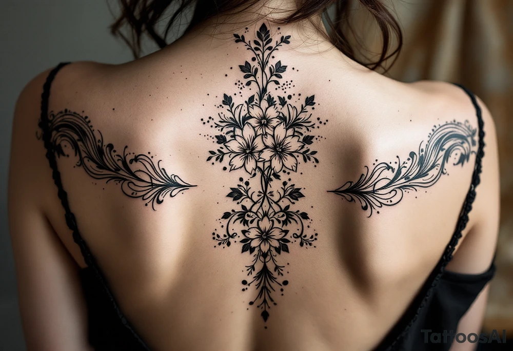 full back tattoo
	1.	Cherry Blossom Flow (Central Spine): A cascading cherry blossom flowing vertically along the spine to cover the central portion of the existing tattoo. Symmetrical patterns inspired by ornamental designs, with intricate curves and dotwork extending outward from the base of the spine. These elements should balance the floral motif and enhance the lower back area with a decorative, feminine flair.
	3.	Dotwork and Contouring: Delicate linework and dot patterns should be added around the floral design to give texture and seamlessly blend the tattoo with the surrounding skin. The ornamentation should curve naturally along the shape of the body, creating a cohesive, elegant look. tattoo idea