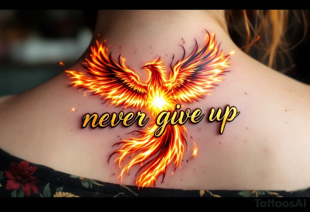 A burning phoenix rising behind the phrase "never give up" in metallic gold script. tattoo idea