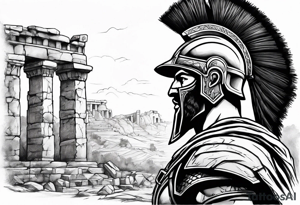 Side profile of spartan soilder with ancient ruins in background tattoo idea