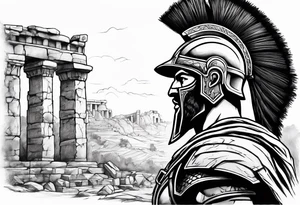 Side profile of spartan soilder with ancient ruins in background tattoo idea