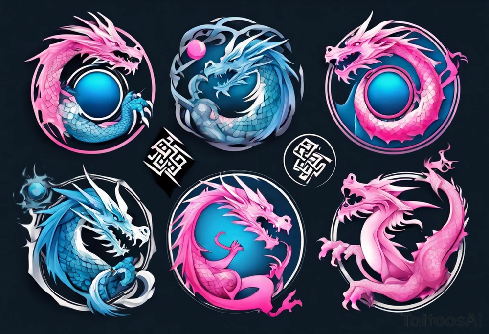 ying yang dragon stones blue & pink tattoo idea