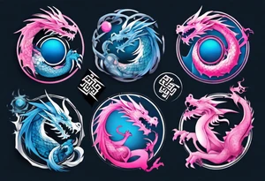 ying yang dragon stones blue & pink tattoo idea