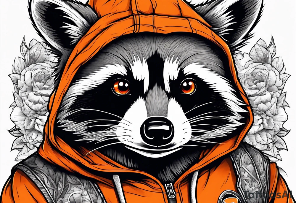 Raccoon wearing an orange Superman hoodie tattoo idea