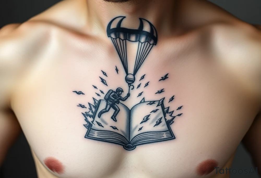 A parachuting soldier landing into an open book. Chaos surrounding, but the book is protecting the soldier from it. On the chest. Make the tattoo smaller. Make it thought provoking. Make the chaos in the environment be a thunderstorm tattoo idea