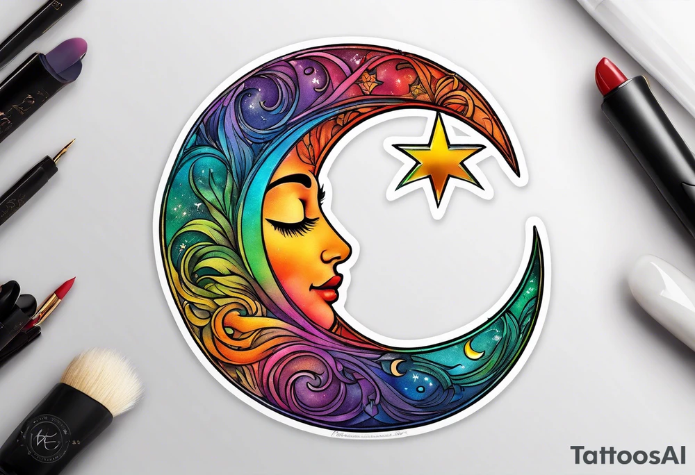 Small crescent moon with a rainbow tattoo idea