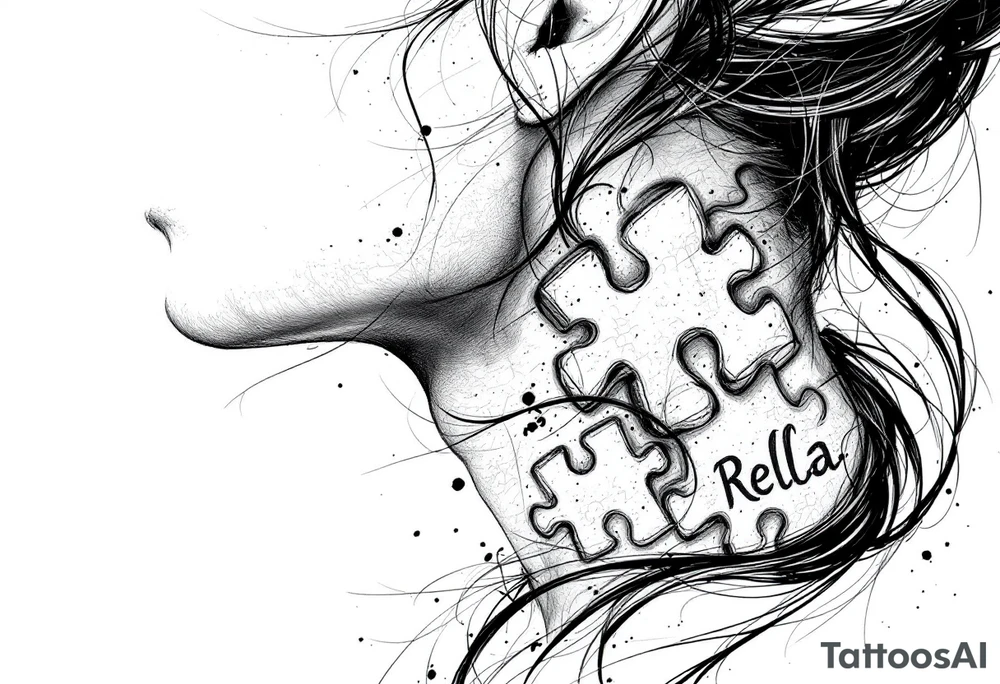 Puzzle piece tattoo on side of the neck  and have a missing piece on the side that says Rella on it. tattoo idea