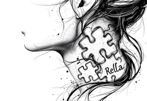 Puzzle piece tattoo on side of the neck  and have a missing piece on the side that says Rella on it. tattoo idea