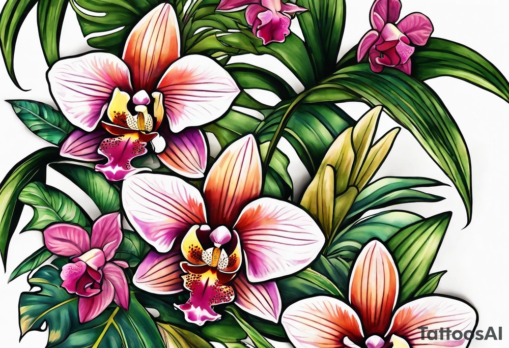 Tropical foliage and orchids tattoo idea