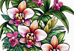 Tropical foliage and orchids tattoo idea