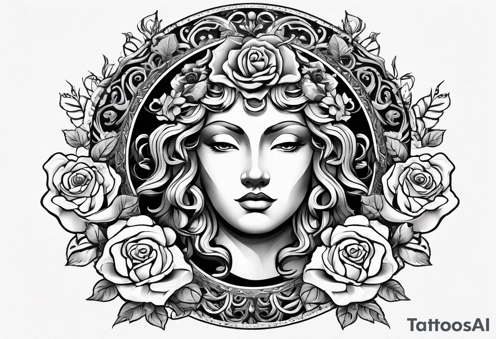 Circular shield with medusa's face surrounded by roses tattoo idea Circular shield with medusa's face surrounded by roses tattoo idea