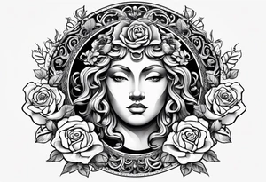 Circular shield with medusa's face surrounded by roses tattoo idea