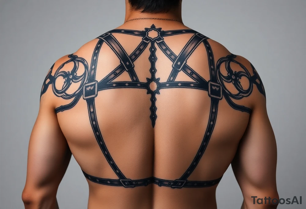 i want a tattoo that goes from the front to the back and and is similar to a harness. with connecting from my pecs to the back and also to my arms so they would be like the straps. i want to see the front and the back. i want it to be styled (the straps) like asian samoan type of pattern. please show the front tattoo idea